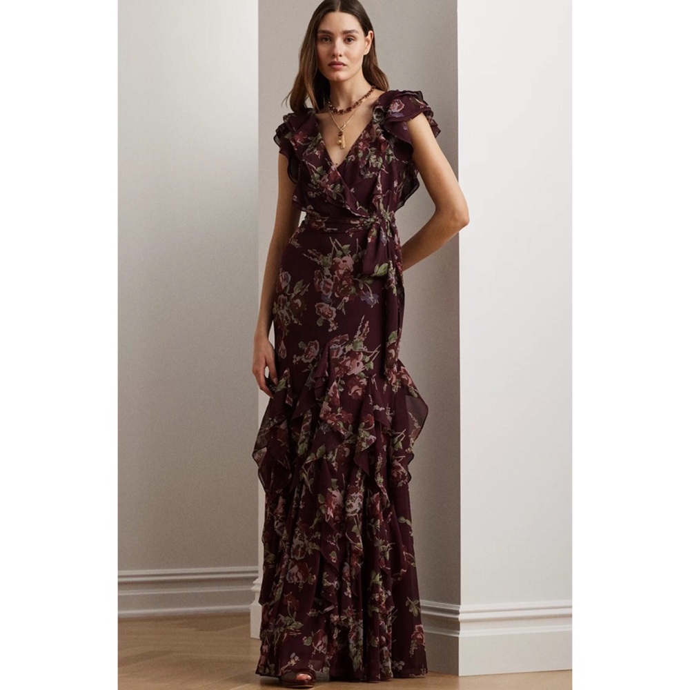 Ralph lauren floral ruffle trim georgette maxi dress gown